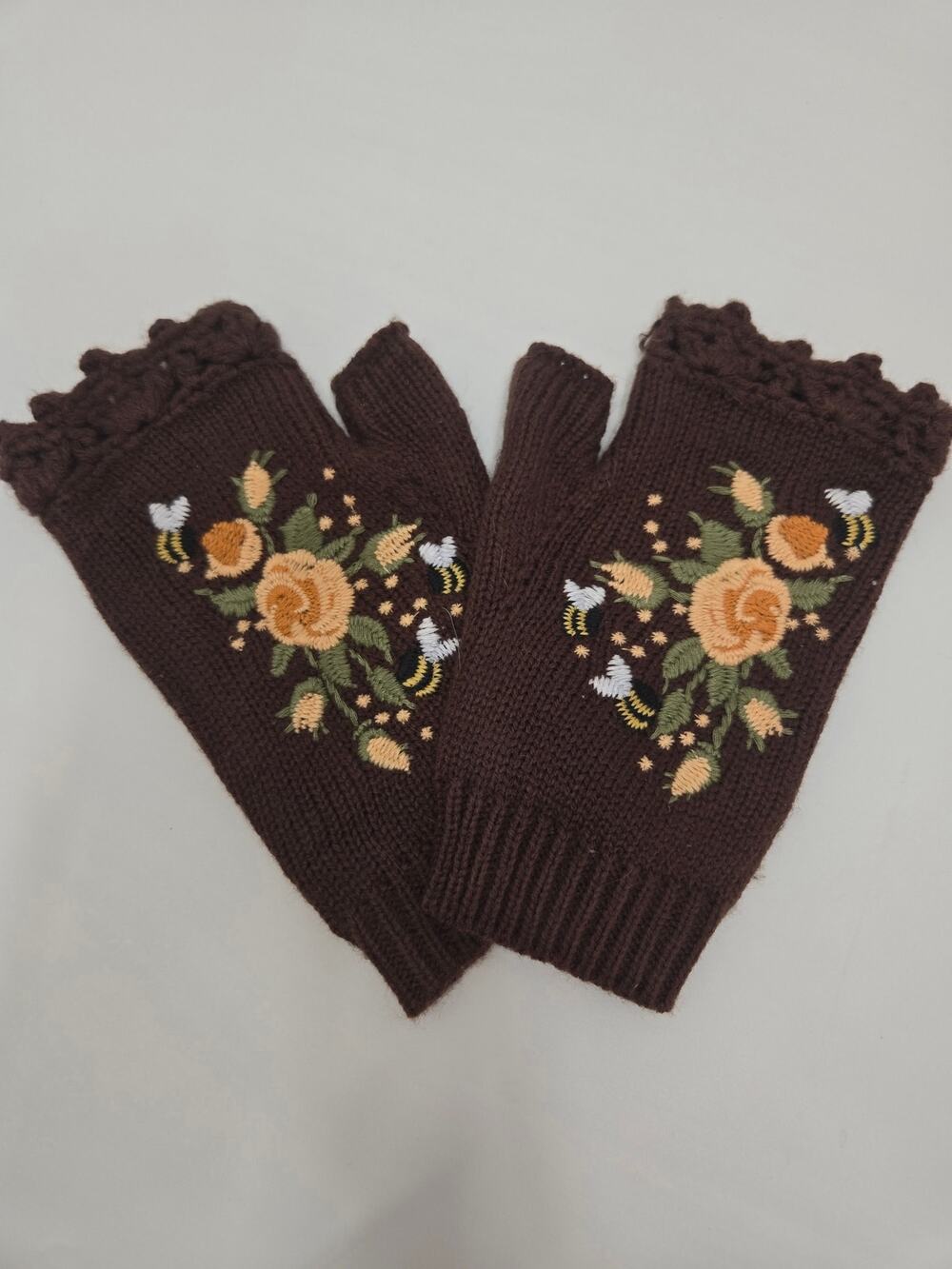 Women's Brown Fingerless Gloves Floral Embroidered Knit Wrist Warmers Boho
